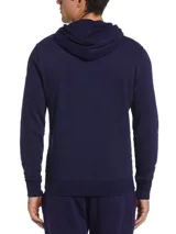Buzo hoodie azul marino de hombre, con capucha ajustable con cordón celeste y logo de pingüino celeste estampado en el pecho. Tiene bolsillo tipo canguro y puños y cintura acanalados.