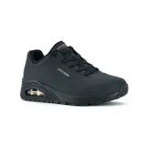 Zapatillas Skechers Street Uno - Stand on Air, color negro. Capellada sintética con textura de cuero liso, cordones, perforaciones y costuras de adorno. Plantilla SKECHERS Air Cooled Memory Foam y media suela con cámara de aire visible.