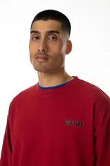 Buzo rojo de jersey doble 100% algodón, con corte levemente boxy y logo frontal serigrafiado en estilo graffiti. Costuras negras visibles y cuello redondo con ribete azul. Hecho en Uruguay.