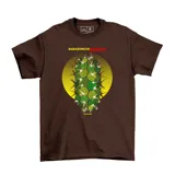 Remera marrón de algodón con estampa de un cactus verde y amarillo.