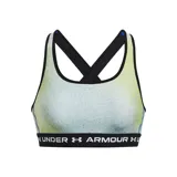 Top deportivo Under Armour con estampado abstracto en tonos verde militar y negro, breteles finos blancos y banda elástica con logo de la marca.