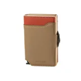 Billetera doble de cuero marrón con detalles en rosa. Cuenta con doble caja de aluminio con sistema de deslizamiento para tarjetas, clip para billetes y espacio adicional para documentos.