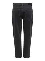 Pantalón de jean negro, corte mom fit, tiro alto, con cierre, bolsillos funcionales y presillas para cinturón.