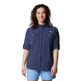 Camisa de pesca Columbia Bahama de manga larga color azul marino, con cuello abotonado, dos bolsillos frontales con cierre de velcro, ventilación en la espalda y tecnología Omni-Shade UPF 30.
