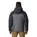 Campera puffer Columbia Powder Lite II, color verde oliva y gris claro, con capucha ajustable, cierre frontal, bolsillos laterales con cierre y logo de la marca bordado en el pecho.