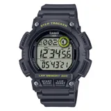 Reloj digital Casio gris oscuro con detalles en amarillo, con correa de resina, resistente al agua hasta 100 metros, con podómetro y contador de calorías.