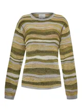 Sweater tejido a rayas horizontales en tonos verde oliva, gris y dorado. Tiene cuello redondo y mangas largas.