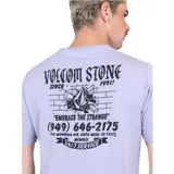 Remera violeta de manga corta con cuello redondo y logo estampado en el pecho.