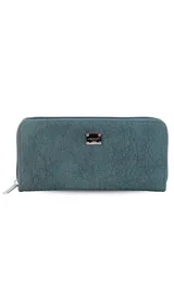 Billetera larga color beige con cierre alrededor, múltiples compartimentos para tarjetas y un bolsillo con cierre en el interior. Incluye monedero con cierre en la parte trasera.