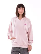 Canguro rosa con capucha, cordones ajustables y bolsillo tipo canguro. Tiene un pequeño estampado de un sombrero de vaquero en el pecho.