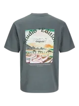Camiseta gris con estampado en la espalda de un paisaje con botes y texto.
