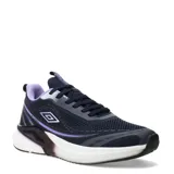 Championes Umbro modelo Vex, color azul marino con detalles en violeta claro y blanco. Presentan una capellada de malla transpirable, cordones planos y suela con diseño moderno.