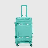 Valija mediana color verde menta con manija retráctil, dos compartimentos internos, correas de compresión y cuatro ruedas.