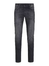 Pantalón de jean negro con diseño clásico de cinco bolsillos y cierre con botón.