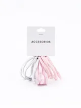 Pack de 15 gomitas de pelo elásticas, forradas en tela de colores rosa y plateado.