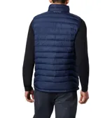 Chaleco Columbia Powder Lite para hombre, con tecnología Omni-Heat reflectante, aislamiento Thermarator, tela resistente al agua, ribete en cuello y puños, bolsillos con cierre y dobladillo ajustable. Diseño en dos tonos: verde oliva en la parte superior y amarillo en la parte inferior.