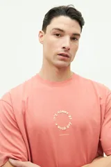 Remera gris claro de manga corta con cuello redondo y estampado azul con texto circular en el pecho.