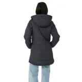 Campera negra acolchada con capucha y cierre frontal, diseñada para resistir condiciones climáticas adversas.