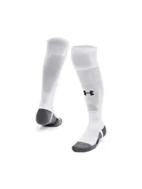 Medias deportivas Under Armour Magnetico unisex, largas hasta la rodilla, color blanco con detalles en gris y logo de la marca en negro.