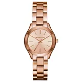 Reloj Michael Kors con caja de acero oro rosa de 33 mm, pulsera de acero inoxidable oro rosa de 18 mm, cristal mineral y movimiento de tres agujas. Resistente al agua hasta 50 metros.