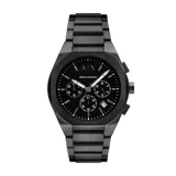 Reloj Armani Exchange Sync, color negro, con caja de acero inoxidable de 42mm, dial negro con índices plateados, movimiento cronógrafo de cuarzo, cristal mineral y malla de acero con cierre fold-over. Resistente al agua hasta 50 metros.