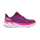Championes Hoka Clifton 8 para mujer, color celeste con detalles en naranja y blanco.
