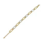 Pulsera dorada con eslabones rectangulares alternados, algunos con incrustaciones de circonitas blancas.