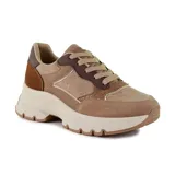Championes Korium Molly de estilo casual, con plataforma chunky, cordones negros y combinación de texturas en color negro, marrón y beige con detalles dorados.