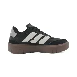 Zapatillas urbanas Adidas Courtblock Bold de cuero sintético negro con detalles en gris y blanco. Plataforma marrón con suela dentada.