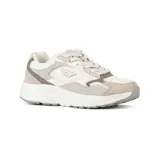 Championes Hi-Tec Dallas, con capellada de cuero sintético color beige, detalles en marrón y blanco, y suela de goma blanca.