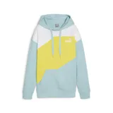 Hoodie Puma Power para mujer, color celeste con bloques de color blanco y amarillo. Logo de Puma estampado en el pecho.