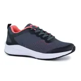 Championes deportivos grises con detalles en lila, capellada de mesh y suela blanca con tecnología memory foam.