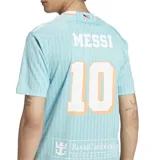 Camiseta de fútbol adidas de la tercera equipación del Inter Miami CF, con detalles en naranja y tecnología AEROREADY, nombre y número de Messi en estilo art decó.