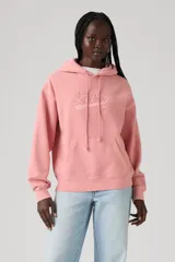 Buzo hoodie rosa con logo de Levi's bordado en el frente y bolsillo tipo canguro.
