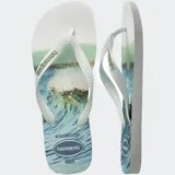 Ojotas Havaianas Top Surfer I con base blanca y estampado de paisaje marino. Tiras blancas con logo de la marca.