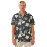 Camisa de manga corta con estampado de flores y espirales en tonos blanco y beige sobre fondo negro.