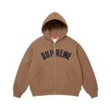 Campera con capucha Supreme Arc Thermal Lined, color marrón, con cierre frontal, bolsillos tipo canguro y logo "Supreme" en azul marino en el pecho.