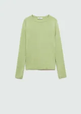 Buzo de punto fino color verde claro, con cuello redondo y mangas largas.