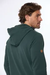 Canguro de felpa verde oscuro con capucha y medio cierre frontal con cremallera.