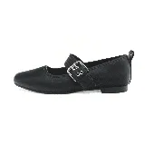 Zapato tipo Mary Jane color negro con correa sobre el empeine y hebilla plateada.