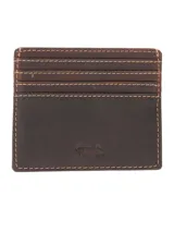 Billetera tarjetero de cuero marrón con costuras claras y logo de pato grabado en la parte inferior.