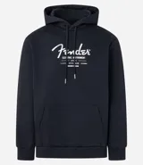 Buzo hoodie negro de algodón con felpa, con cordón ajustable, manga larga, bolsillo canguro, puños y barras ajustados y estampa lettering delantero con el logo de Fender.