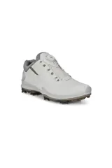 Calzado de golf blanco con detalles grises, diseñado para comodidad y soporte en el campo.
