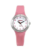 Reloj Mistral deportivo con correa de silicona rosa, caja plateada y esfera blanca con números. Resistente al agua 100M.