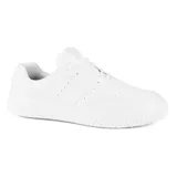 Championes negros de cuero sintético con suela blanca y cordones negros. Diseño casual y deportivo.