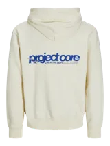 Canguro color crema con capucha y cordones ajustables. Estampado en la espalda con el logo "project core" en azul y texto en letras pequeñas.