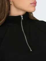 Sudadera negra de corte regular con cuello alto y cierre de cremallera.