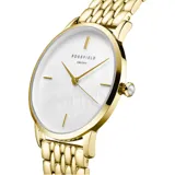Reloj Rosefield con caja dorada y esfera blanca nacarada. La pulsera es de acero dorada con eslabones ovalados.