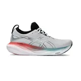 Championes de running Asics Gel-Nimbus 25, color blanco con detalles en negro, rojo y celeste.