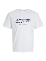 Camiseta blanca de manga corta y cuello redondo con estampado Originals en azul marino.